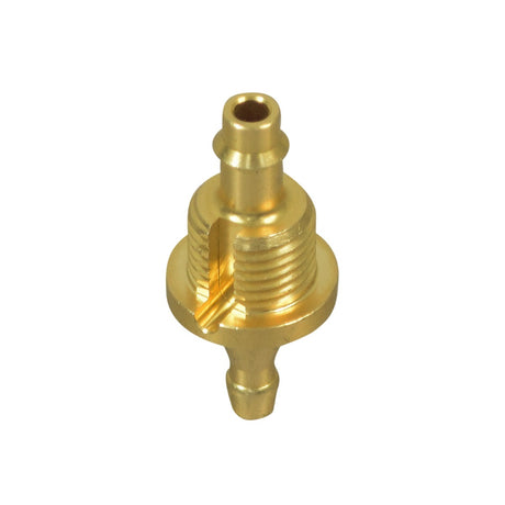 Barbed Brass Oxygen Hose Outlet Connector for Invacare Oxygen Concentrators, showing a close-up of the gold metal piece with a hole, essential for the Perfecto2 and Platinum models.