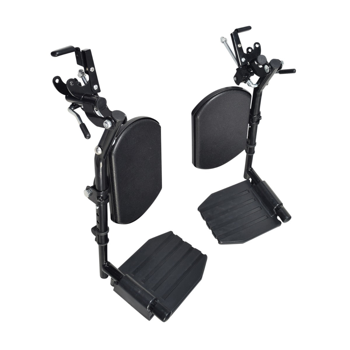 Hemi Leg Rests with Black Plastic Calf Pad & Composite Footplate for the Invacare Veranda Wheelchair, set of 2, showcasing durable, height-adjustable assemblies featured prominently.