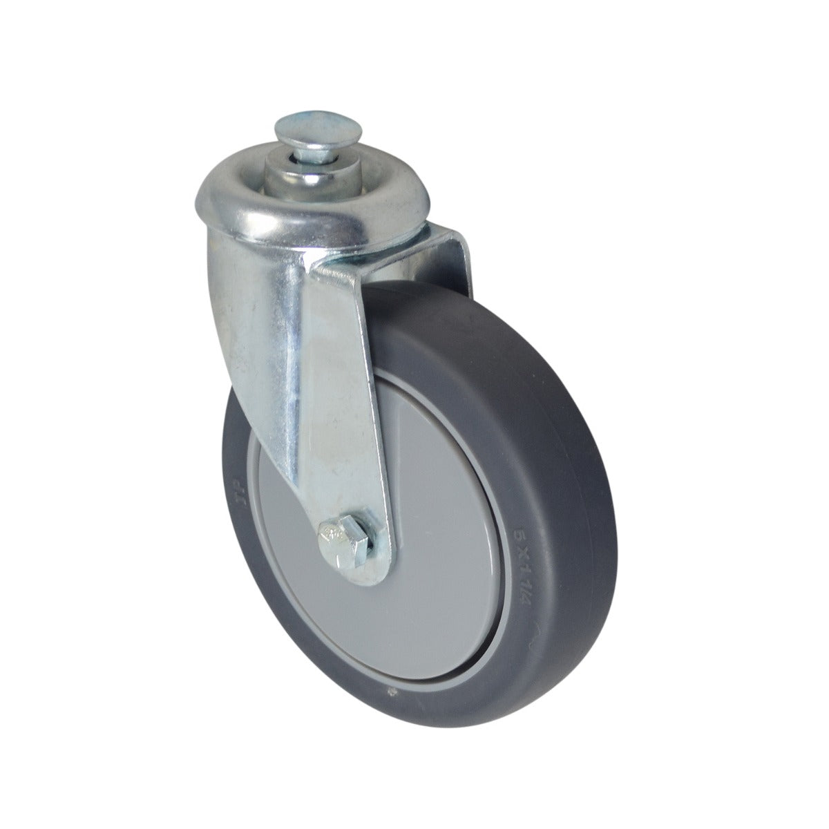 5 Swivel Caster Assembly for Invacare Manual Hydraulic Stand Up Lifts, featuring a metal wheel with a swivel fork, axle bolt, and mounting hardware, shown in close-up detail.