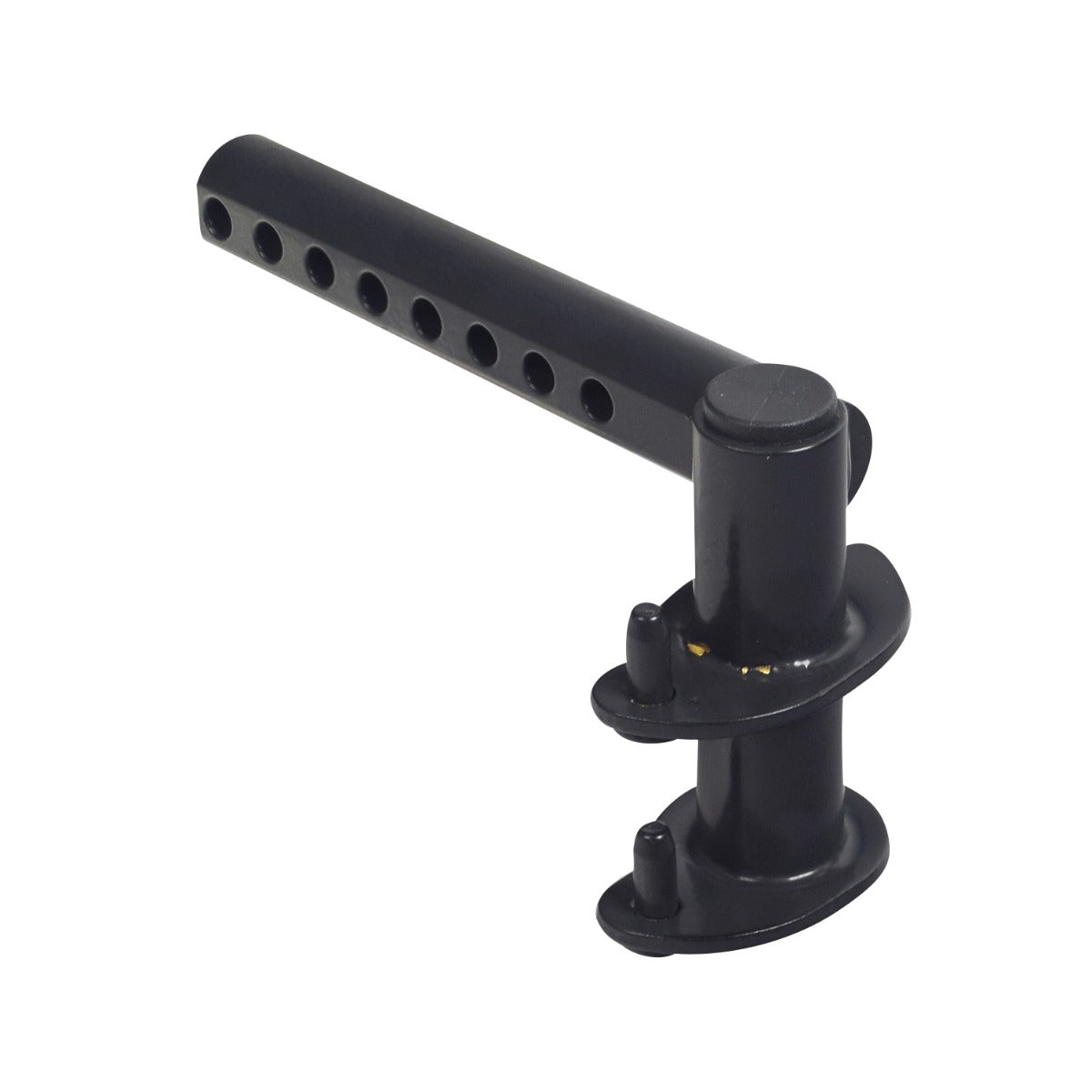 Leg Rest Hanger Assembly for the Invacare TDX SP Power Chair, featuring a black metal object with holes, designed for left or right configuration, and includes a plug cap.