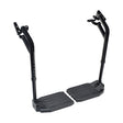 Swing-away Leg Rest Assembly for the Invacare Pronto Series Power Chairs with 18 Front Rigging Frame, featuring black metal stands with handles and plastic composite foot plates, including adjustable steel connecting pins.