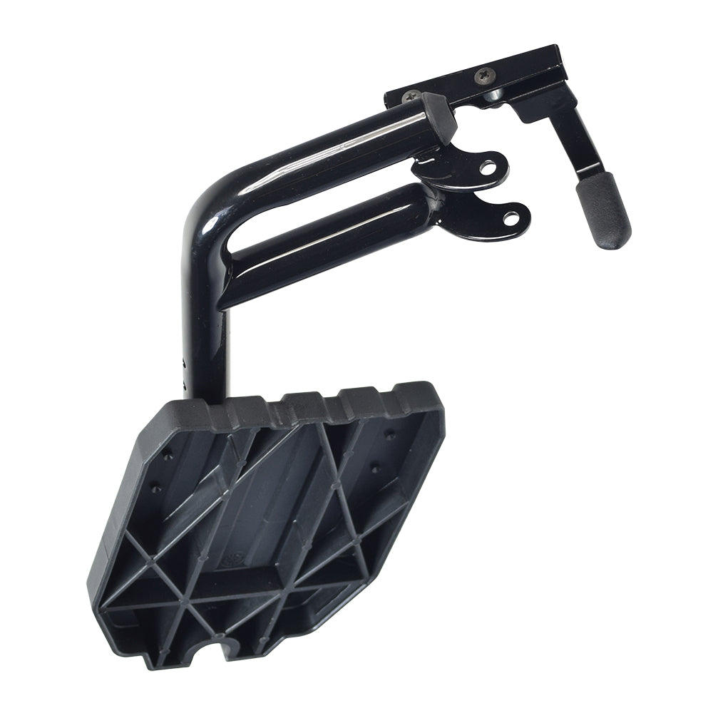 Swing-away Leg Rest Assembly for the Invacare Pronto Series Power Chairs with 18 Front Rigging Frame, featuring a black metal stand with a handle and plastic composite foot plates.