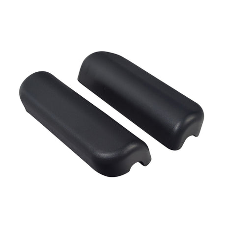 Set of 2 desk length waterfall armrest pads for Invacare power chairs, showing close-up of black arm pads with mounting screws.