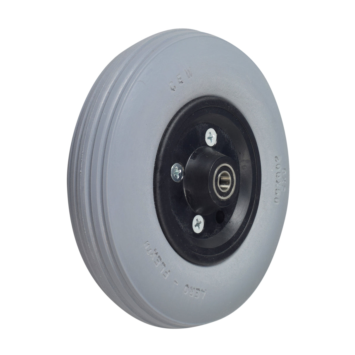 8x1-3/4 Flat-Free Caster Wheel Assembly for Invacare Power Chairs, featuring a black rubber rim and silver hub, designed for durability and compatibility with various wheelchair models.