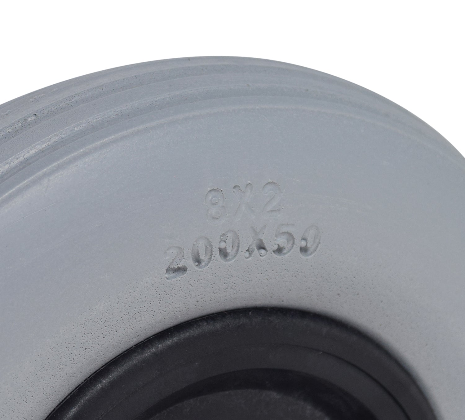 Close-up of an 8x1-3/4 Flat-Free Caster Wheel Assembly for Invacare Power Chairs, highlighting the wheel's detailed structure and black circular design.