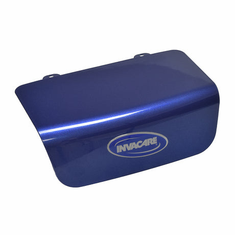 Blue Shroud Cover with Decal for Invacare Lynx L-3X, a blue plastic box with a logo, designed to protect the battery compartment from moisture and dirt.