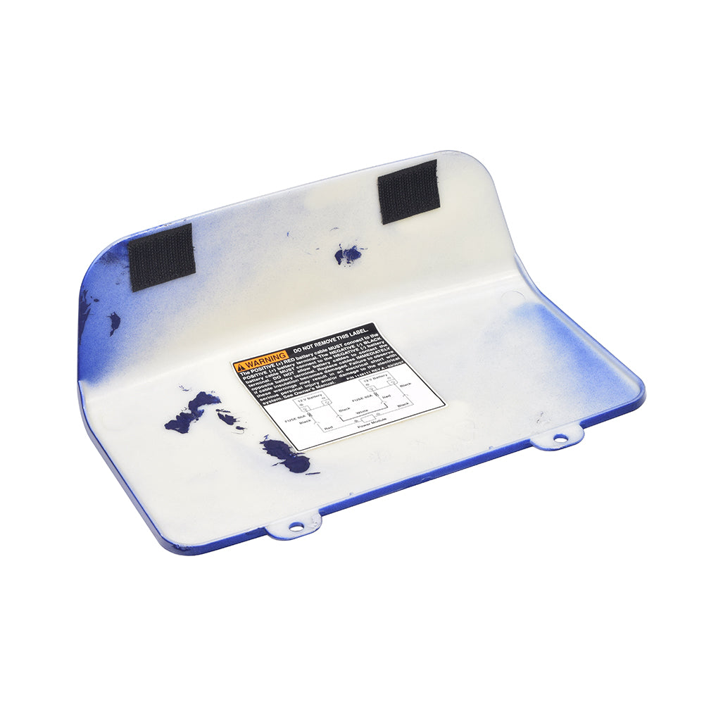 Blue Shroud Cover with Decal for Invacare Lynx L-3X, a rectangular plastic cover with a warning label, designed to protect the battery compartment from external elements.