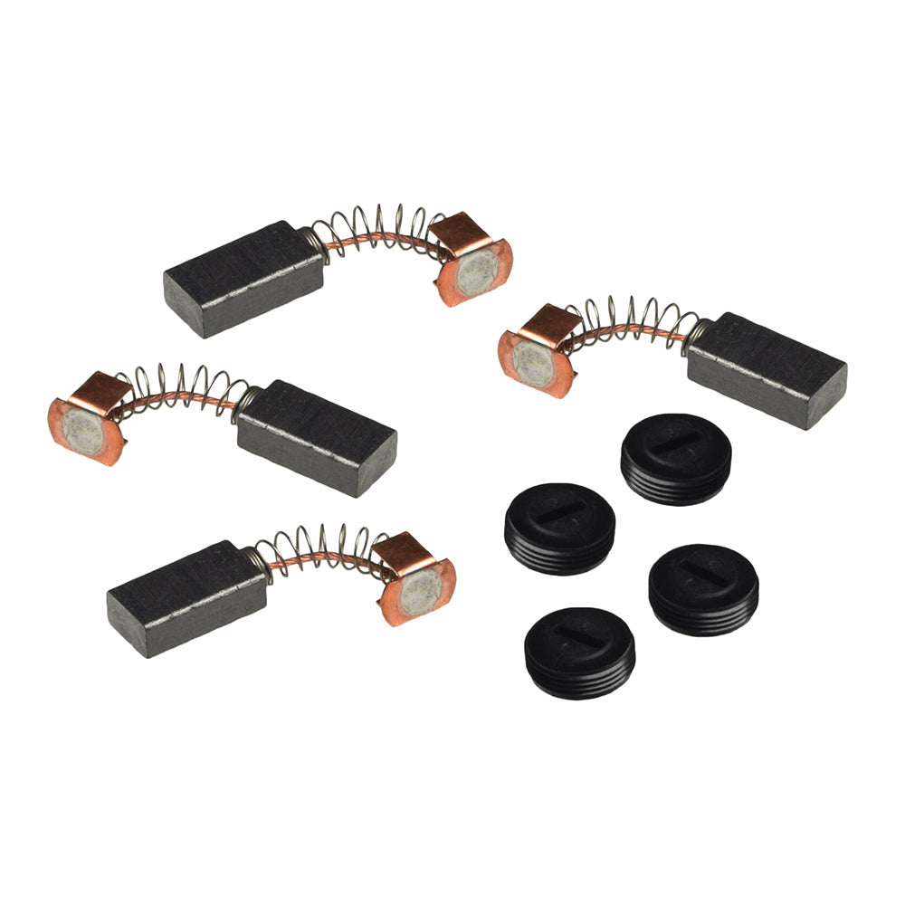 Motor Brush & Cap Assembly for Invacare Power Chairs with 4-Pole Motors, featuring a set of small black and orange brushes, black plastic plugs, and rectangular objects with cords.