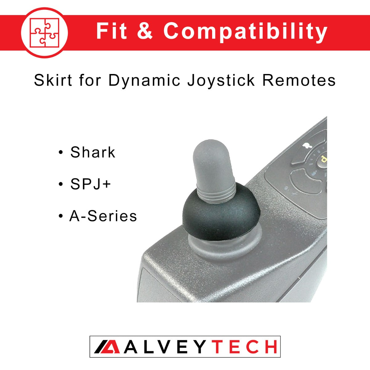 Joystick Skirt for Dynamic Joystick Remotes (Shark, SPJ+, and A-Series), shown as a grey remote control with a round black ball. The black rubber skirt fits under the joystick knob.