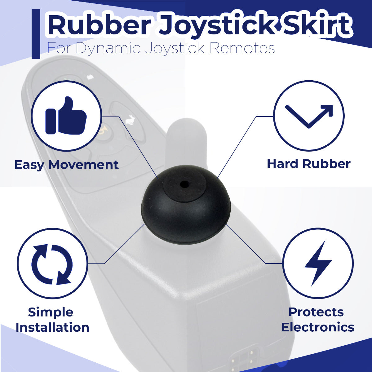 Joystick Skirt for Dynamic Joystick Remotes (Shark, SPJ+, A-Series) - black rubber piece fitting under joystick knob, protecting the electronics and ensuring easy movement for power chair controllers.