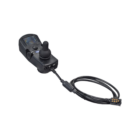 CMPJ+ (CMPJM6) Joystick with Colored Display for Invacare Power Chairs, featuring a black device with a cord, screen, and plug, designed for improved drive mode visibility and user-friendly controls.