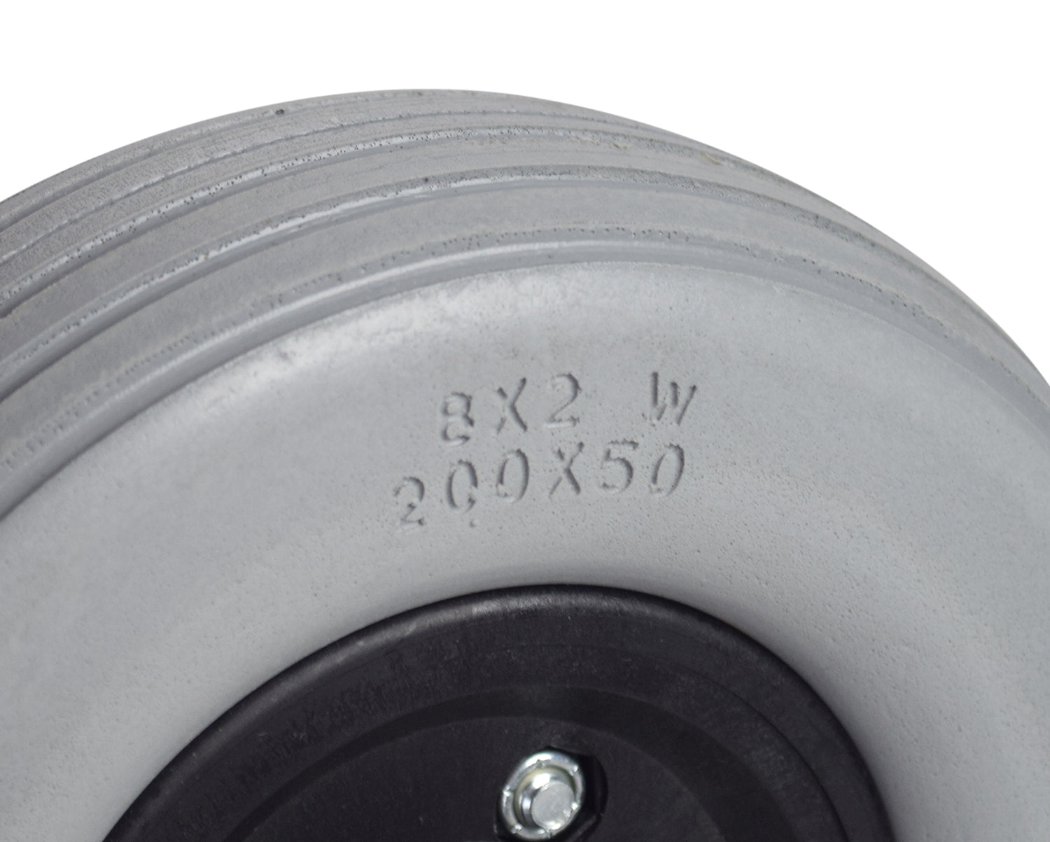 8x2-1/4 Semi-Pneumatic Caster Wheel Assembly for Invacare Power Chairs, featuring a black rubber rim and visible text on the wheel, close-up of screws and numbers on a white surface.