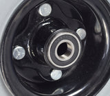 Close-up of the 9x3 (2.80/2.50-4) Pneumatic Caster Wheel Assembly for Invacare Storm Series Power Chairs, showcasing the detailed metal and black components essential for power chair mobility.