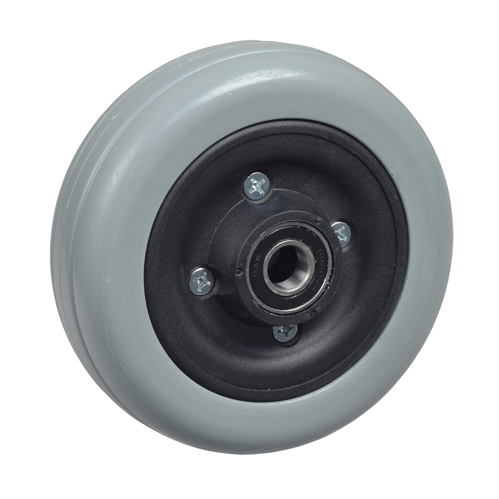 6x2 Flat-Free Deep Profile Caster Wheel Assembly for Invacare TDX Power Chairs, featuring a black rubber rim and pre-installed metal bearings for 1-sided forks.