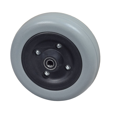 6x2 Flat-Free Deep Profile Caster Wheel Assembly for Invacare TDX Power Chairs, featuring a black rubber rim with pre-installed bearings, designed for power chairs with one-sided forks.