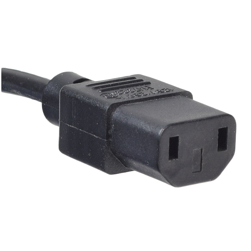 Close-up of an IEC C13 Power Cord with 2-Pin Connectors, showing the standard 2-prong male end and the modified 2-pin female end, designed for household and transformer use.