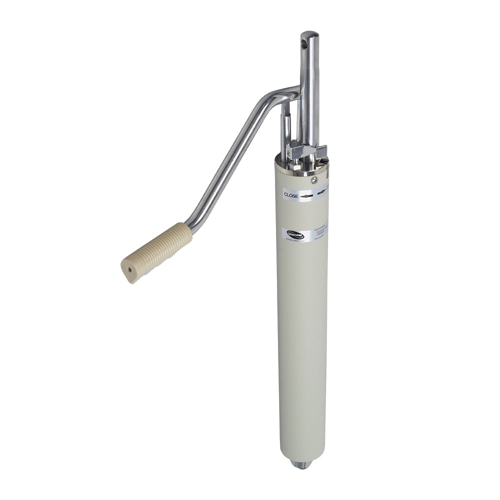 Painted Hydraulic Pump for the Invacare Hydraulic Patient Lifts featuring a black handle that rotates, attached to a white cylinder, designed for raising or lowering the lift's mast assembly.