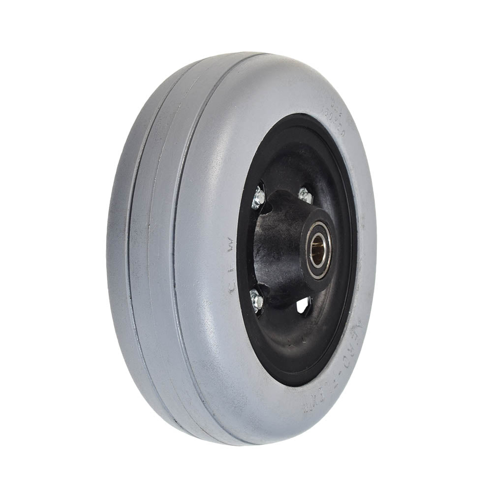 6x2 Caster Wheel Assembly for Invacare TDX3, TDX4, & TDX5 (Set of 2) showing a close-up of the black rubber rim and gray semi-pneumatic urethane tire, with visible center hole and split-rim hub.