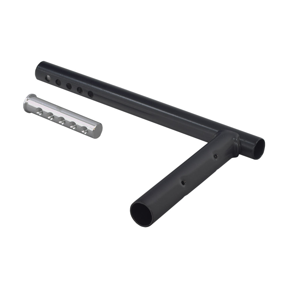 Pivot Slide Tube for the Invacare Compass, Patriot, Solara, & Spree XT Wheelchairs, featuring a black metal pipe with holes and a visible adjustment plug for attaching a footplate.