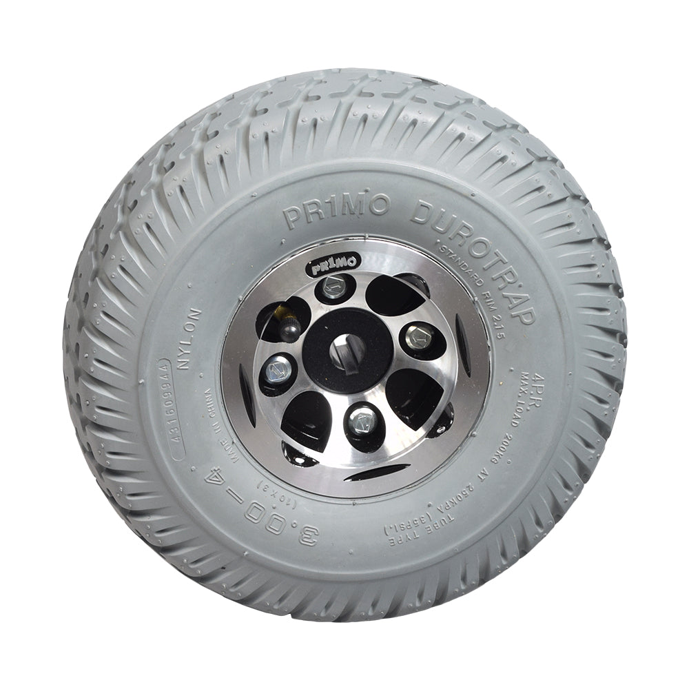 3.00-4 (10x3, 260x85) Pneumatic Drive Wheel Assembly for Invacare Pronto Power Chairs showing a silver rim and white tire designed for durability and compatibility with various models.