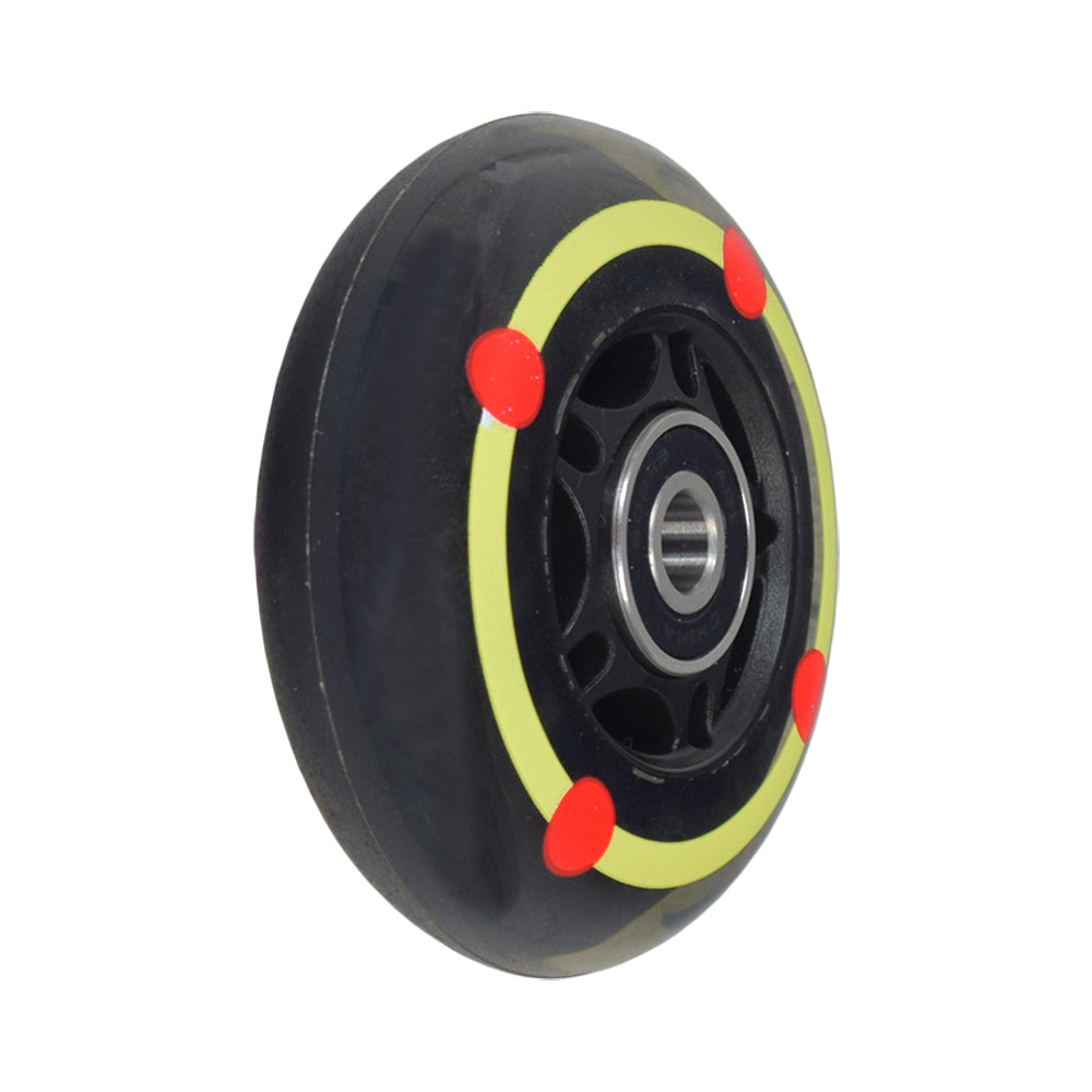 3 Anti-Tip Wheel Assembly for Invacare Storm Series Arrow, Ranger X, & Torque SP Power Wheelchairs, showing a black wheel with yellow and red dots and included bearings.