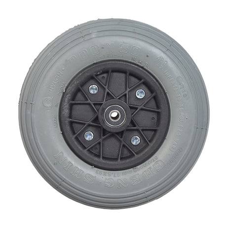 8x2 (200x50) Front Wheel Assembly for the Invacare Lynx L-3 mobility scooter, featuring a grey wheel with a black plastic rim and visible tread pattern.