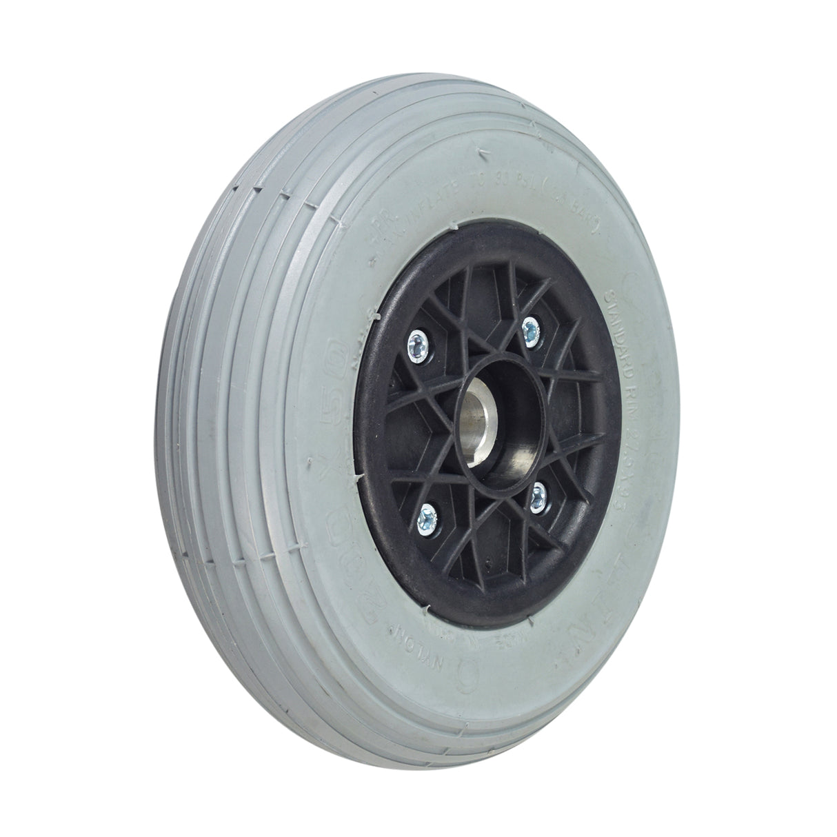 8x2 (200x50) Rear Wheel Assembly for Invacare Lynx L-3 & Lynx L-4 Mobility Scooters, featuring a robust black rim and central mounting hole, suitable for rear installation.