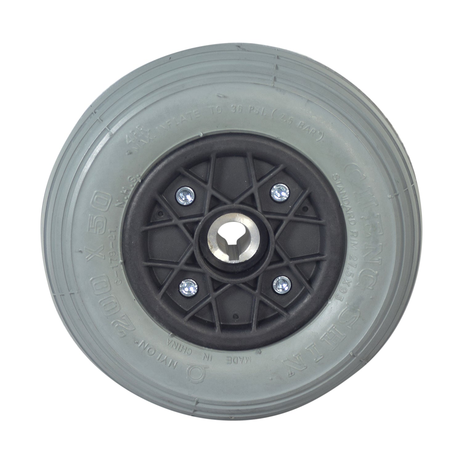 8x2 (200x50) Rear Wheel Assembly for Invacare Lynx L-3 & L-4 Mobility Scooters, featuring a central hole and star design on the black and silver rim.