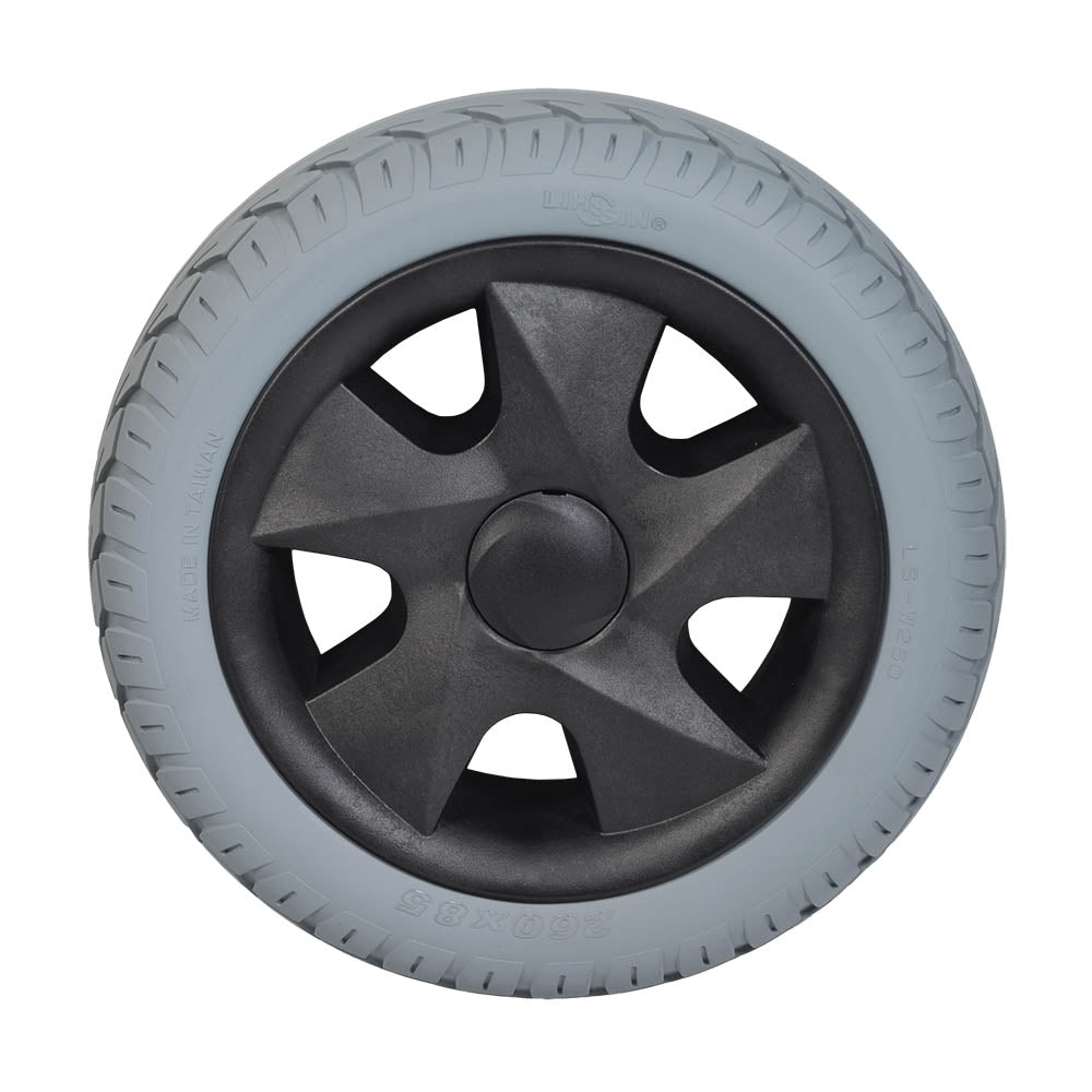 3.00-4 (10x3, 260x85) Flat-Free Rear Wheel Assembly for the 3-Wheeled Invacare Leo **CLEARANCE**. Black rim, close-up of tire tread, and high-density plastic hub.