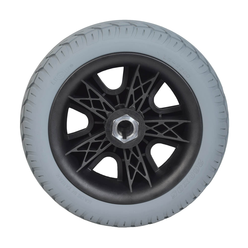 3.00-4 (10x3, 260x85) Flat-Free Rear Wheel Assemblies for the 3-Wheeled Invacare Leo **CLEARANCE** - close-up of a single black-rimmed wheel with visible hub and tread.