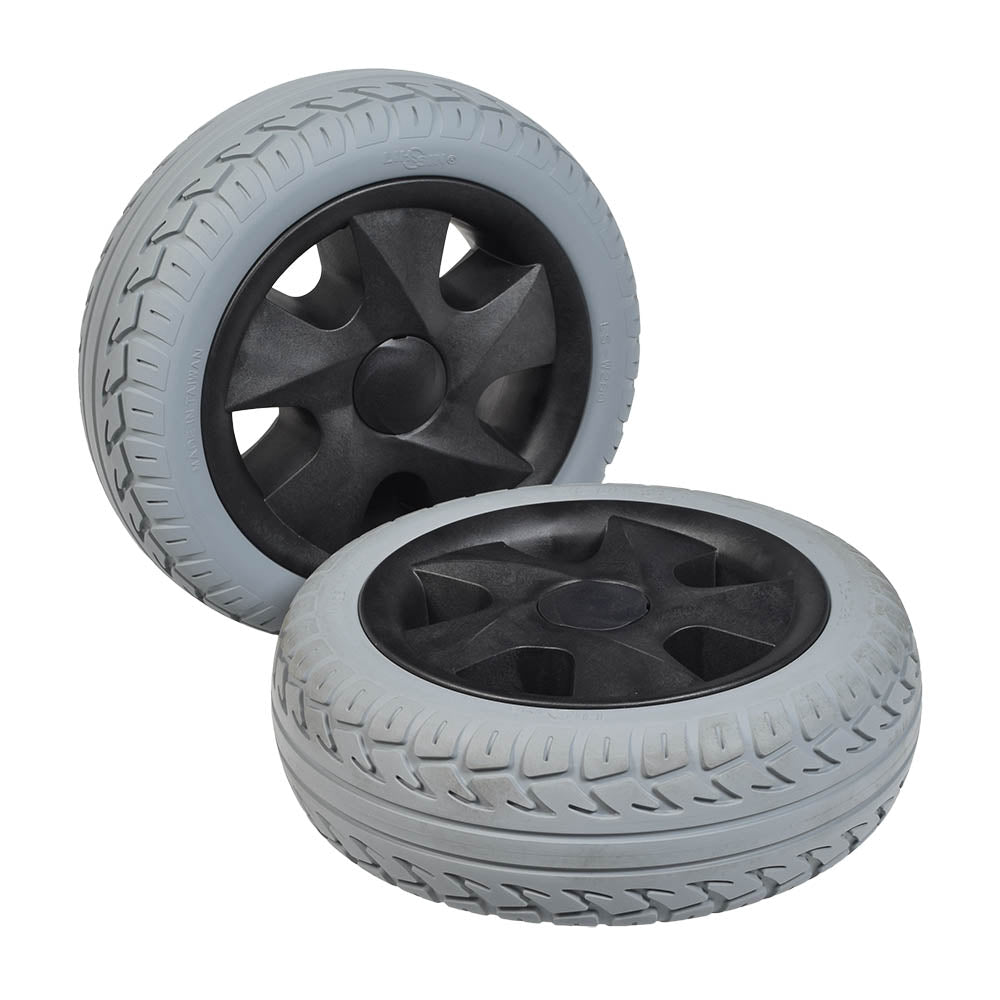 Foam-Filled 3.00-4 (10x3, 260x85) Rear Wheel Assemblies for the 3-Wheeled Invacare Leo (Set of 2) featuring grey wheels with black rims and high-density plastic hubs.