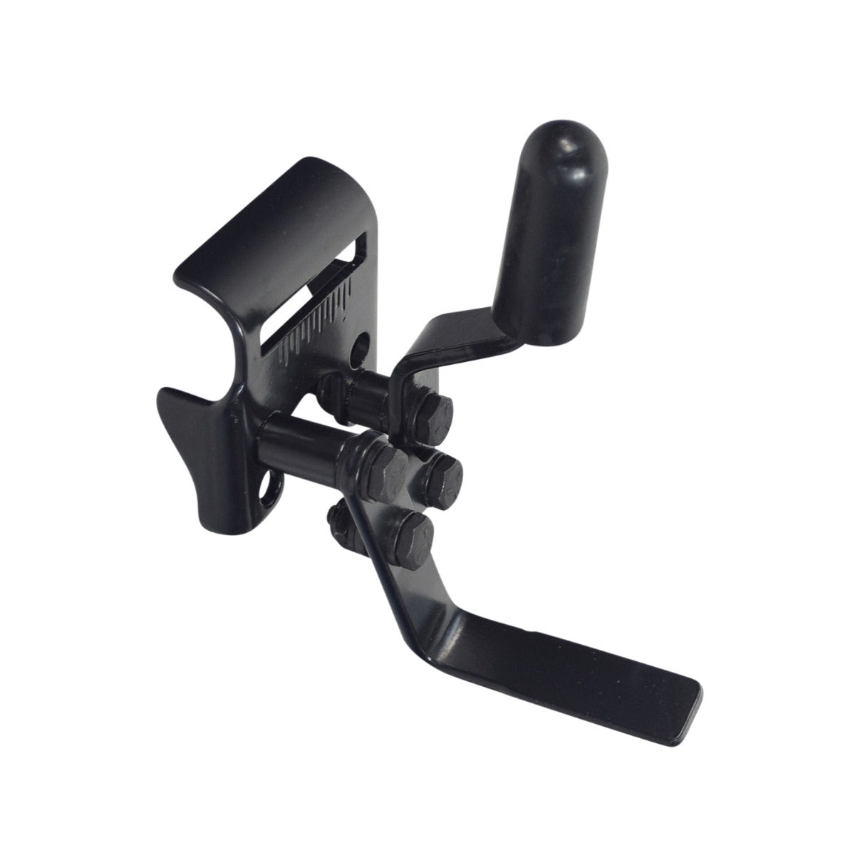 Wheel Lock Assembly for the Invacare Tracer SX5 Wheelchair features a black metal object with a handle, designed for either left or right side configuration, including a rubber tip handle knob.