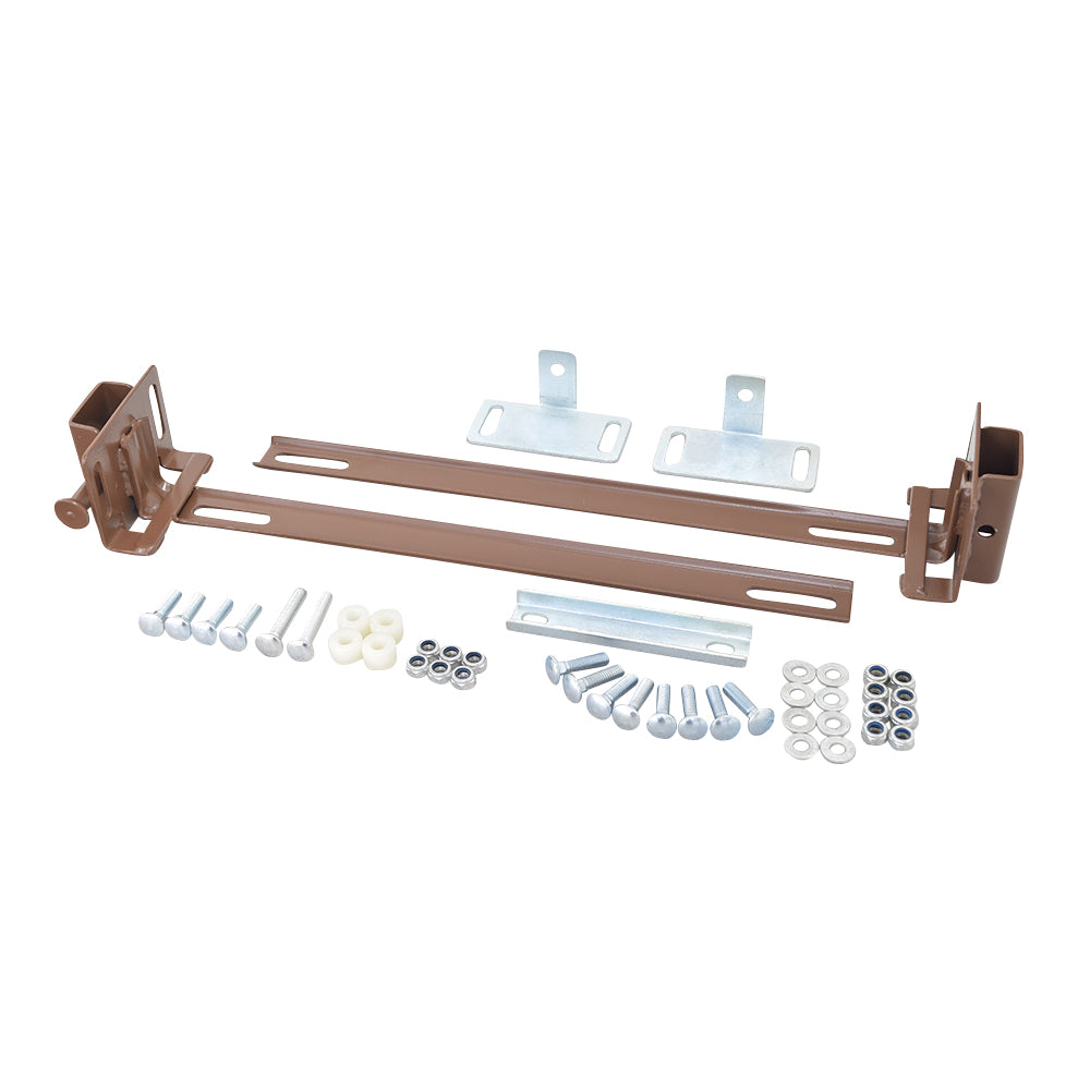 Crossbrace Assembly & Hand Rail Receivers for Invacare Homecare Beds with CareGuard Half-Length Rail 6640 (1082477) showing a brown metal bracket with attached screws and bolts, designed for bed strengthening and rail mounting.