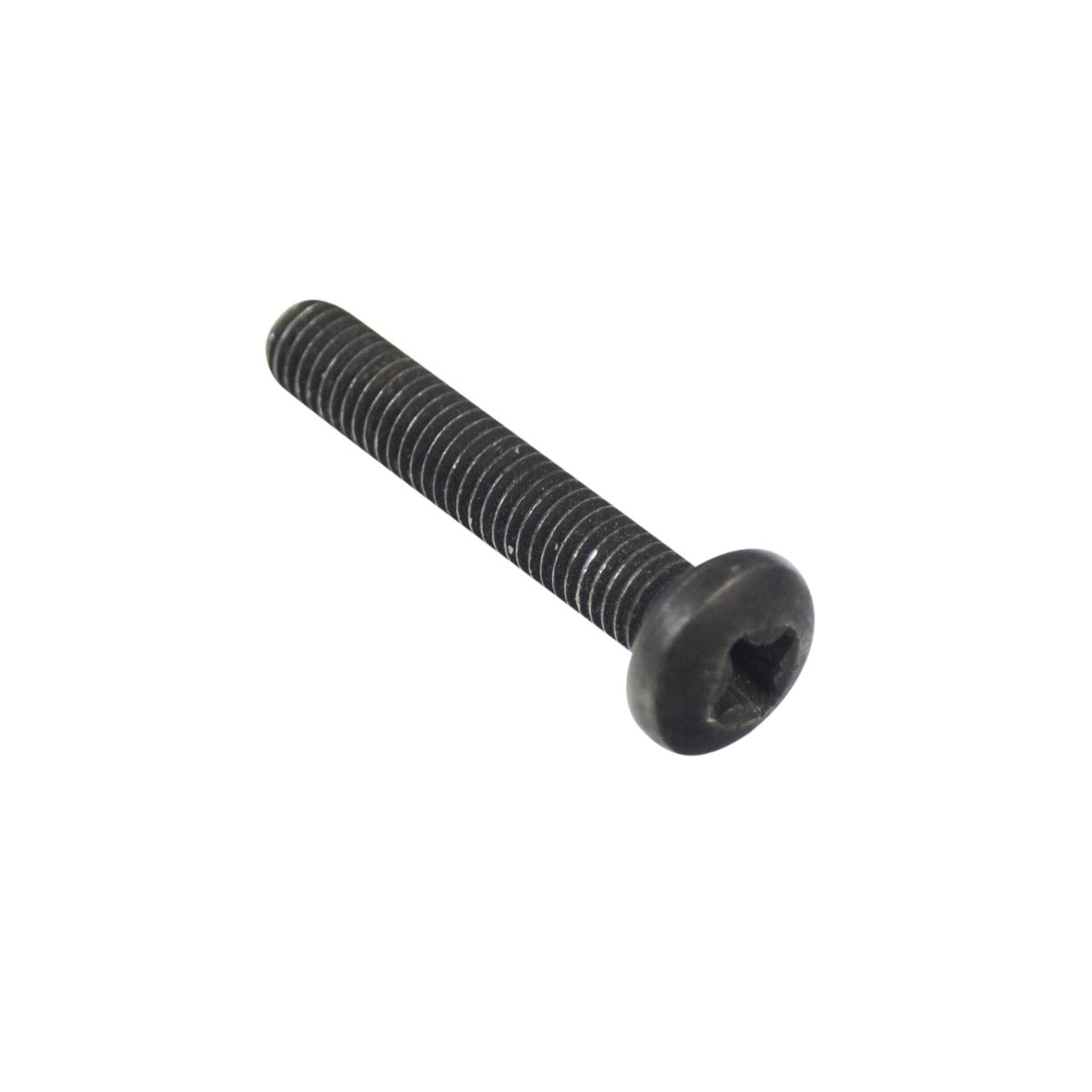 10-32x1-1/8 Black Zinc Machine Screw, featuring a round head and a small hole in the center, commonly used in mobility models like Invacare power chairs and armrest assemblies.