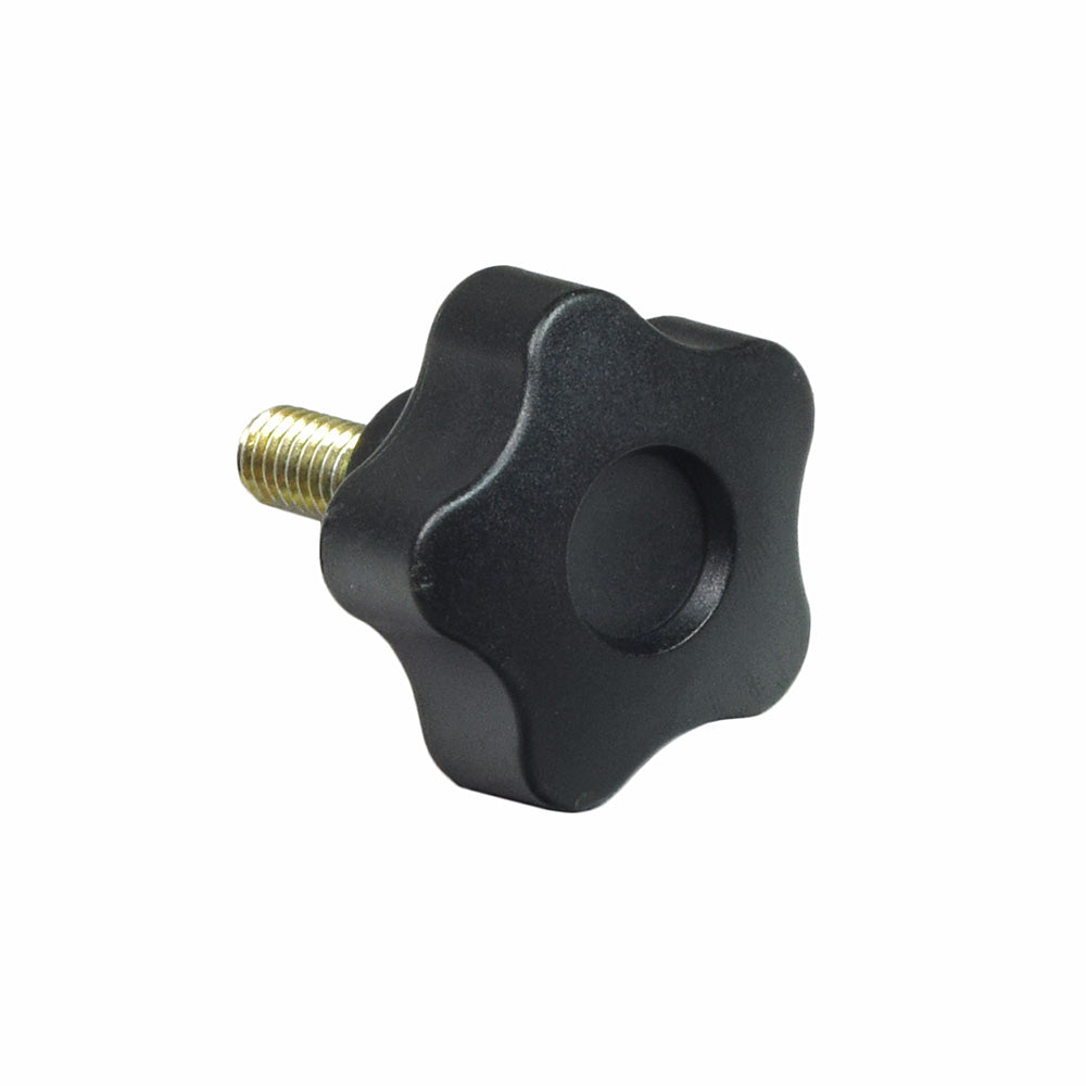 Armrest Adjustment Knob for Invacare AVIVA FX & Pronto Power Chairs, featuring a black plastic knob with a gold bolt, used for height and width adjustments on various models.