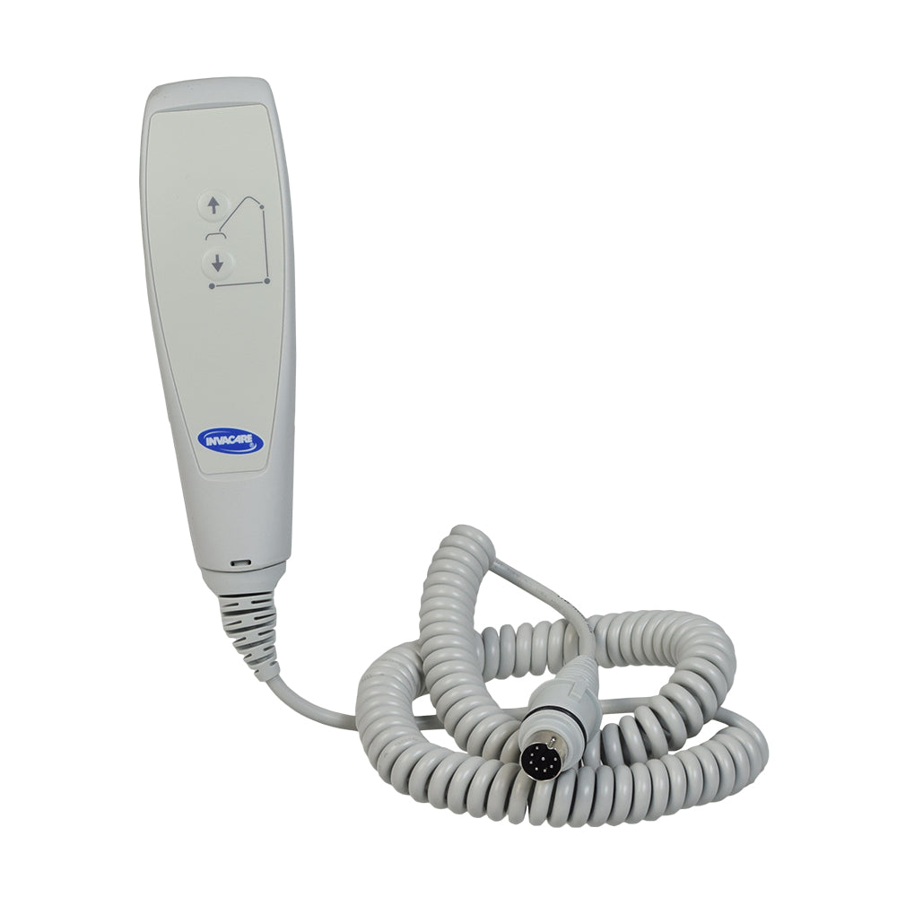 Hand Control for Invacare Reliant Patient Lifts showing a grey corded medical device with a coiled cable and round end, designed for operating the boom and base of power lifts.