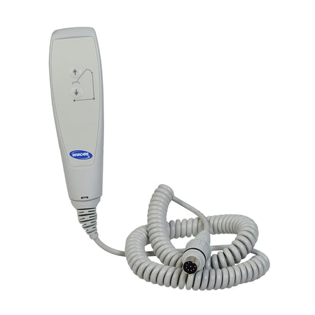 Hand Control for Invacare Reliant Patient Lifts showing a grey corded medical device with a coiled cable and round end, designed for operating the boom and base of power lifts.