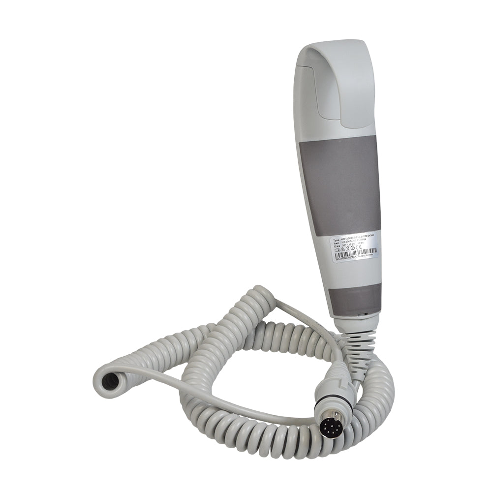 Hand Control for Invacare Reliant Patient Lifts, featuring a white and grey device with a cord, close-up of the hand-held machine, and a visible label.