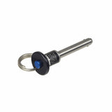 Footplate Push Button Quick Release Pin for the Invacare Pronto M41 and M91, featuring a key chain with a blue button and a close-up of a metal cylinder for easy footplate bracket attachment.