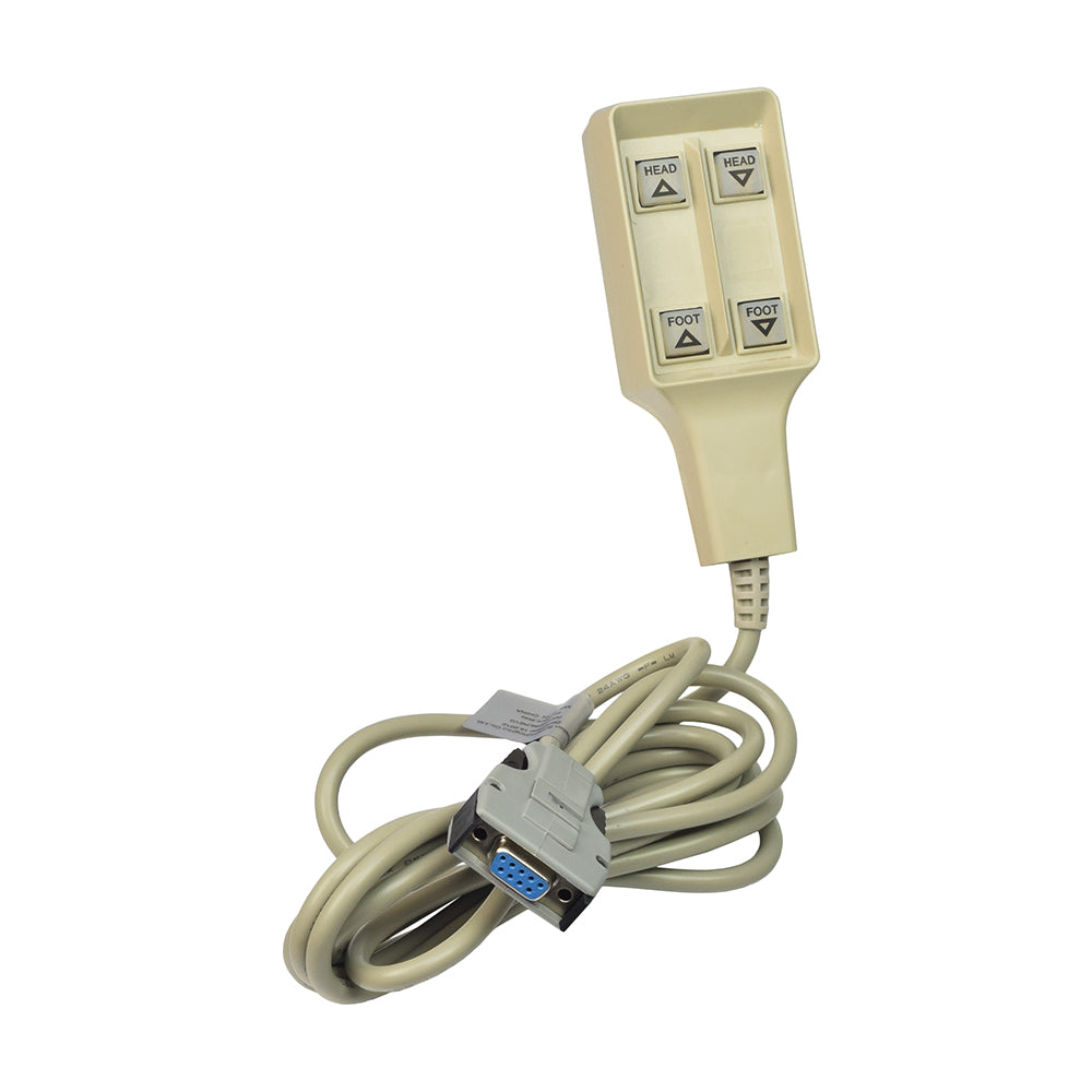 4-Button Hand Control Pendant for Invacare Semi Electric Homecare Beds showing a white cable with a 9-pin rectangular VGA connector and four buttons for head and feet adjustments.