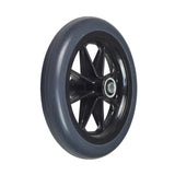 7-1/2x1 Caster Wheel Assembly for Invacare Manual Wheelchairs, featuring a solid black tire and silver rim, with pre-installed bearings, shown in a close-up view.