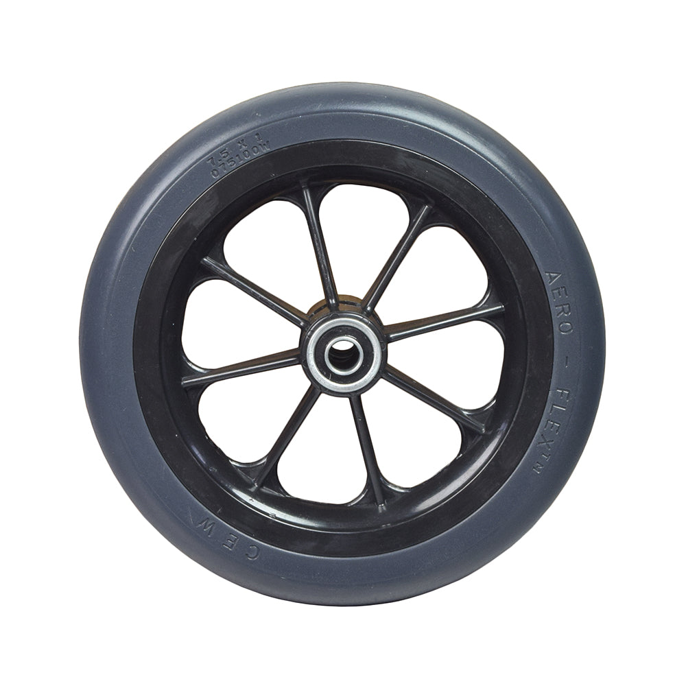 7-1/2x1 Caster Wheel Assembly for Invacare Manual Wheelchairs, featuring a solid black tire with black rim and pre-installed bearings.