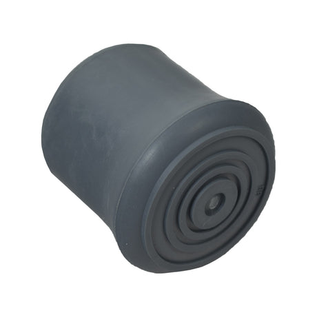 1-1/8 Gray Rubber Tips for Invacare Walkers (Set of 4) shown in close-up, highlighting their cylindrical shape and round center, designed to protect floors and increase grip on hard surfaces.