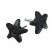 Height Adjustment Knobs for Invacare 4-Wheel Rollators (Set of 2): A pair of black plastic star-shaped knobs with attached bolts, used for adjusting the handle height on Invacare rollators.