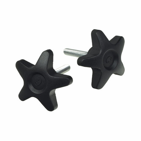 Height Adjustment Knobs for Invacare 4-Wheel Rollators (Set of 2): A pair of black plastic star-shaped knobs with attached bolts, used for adjusting the handle height on Invacare rollators.