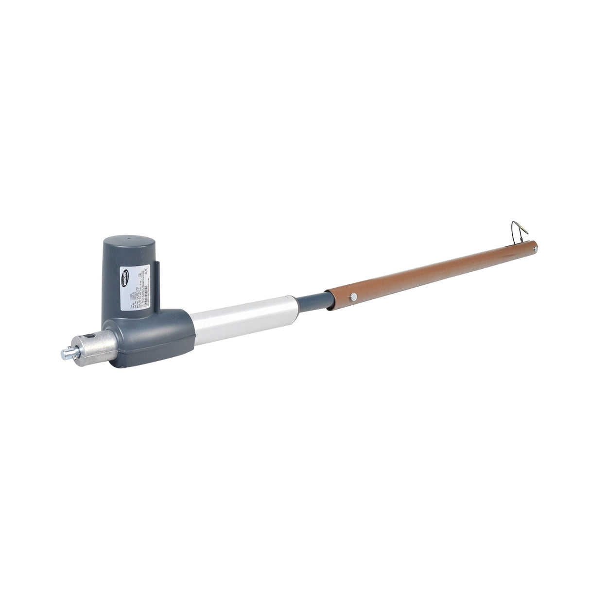 Foot Motor Assembly for Invacare Electric & Semi Electric Homecare Beds (1116644) shown with a grey and silver pipe, brown handle, and a white label, highlighting the replacement components.