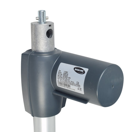 Foot Motor Assembly for Invacare Electric & Semi Electric Homecare Beds (1116644) – a grey metal and silver device with a white label, featuring a cylindrical motor and a pull tube.