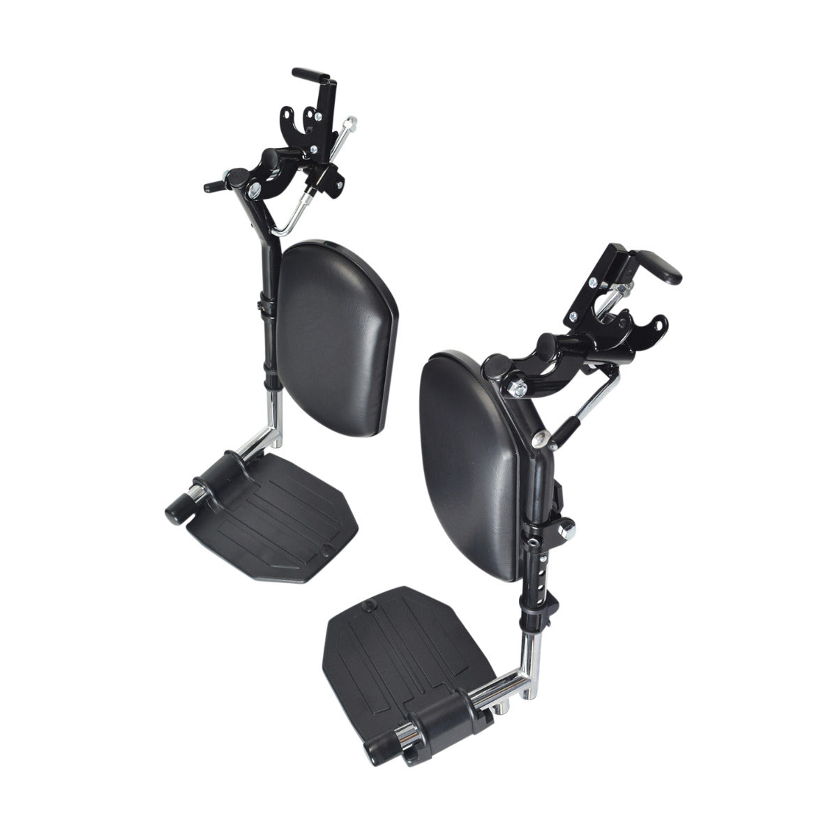 Hemi Elevating Leg Rest Set with Footplates & Calf Pads for Invacare Tracer IV & Tracer EX2 Wheelchairs, featuring sturdy aluminum footplates and black vinyl calf pads, shown as a complete assembly.