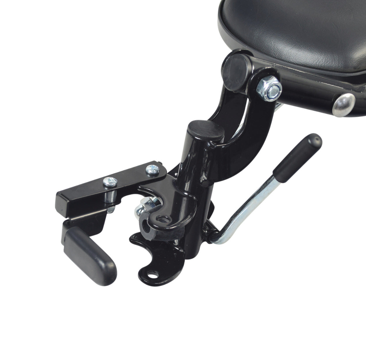 Hemi Elevating Leg Rest Set with Footplates & Calf Pads for Invacare Tracer IV & Tracer EX2 Wheelchairs, showing black metal frame, black seat, aluminum footplates, and vinyl calf pads.