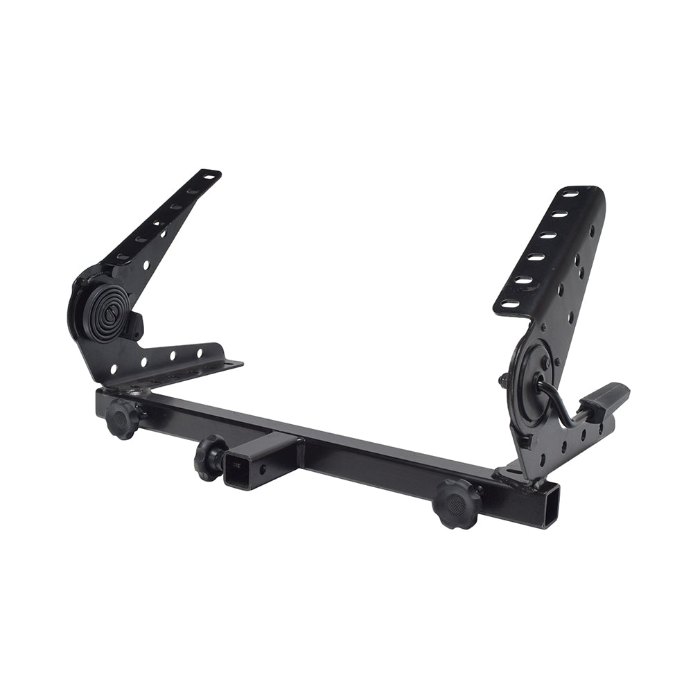 20 Seat Frame Bracket with Release Lever for Invacare Pronto M41, M51, & M61 Power Chairs, featuring a black metal frame with hinges, adjustment knobs, and a clamping knob for accessories.